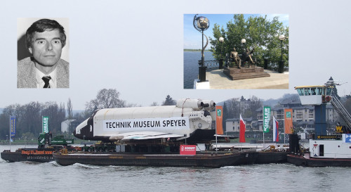 Grafik Collage Raumschiff Buran Shuttle in Deutschland Merbold Gagarin als Statue auf einer Bank am Wasser